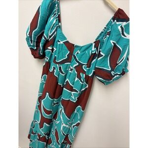 Nine West Tropical Print Babydoll Maxi Dress Resort Peasant Teal Size Small